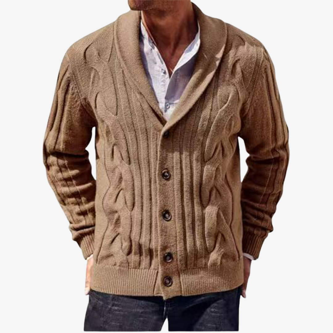 Men's Cable Knit Shawl Collar Cardigan with Button Fastening