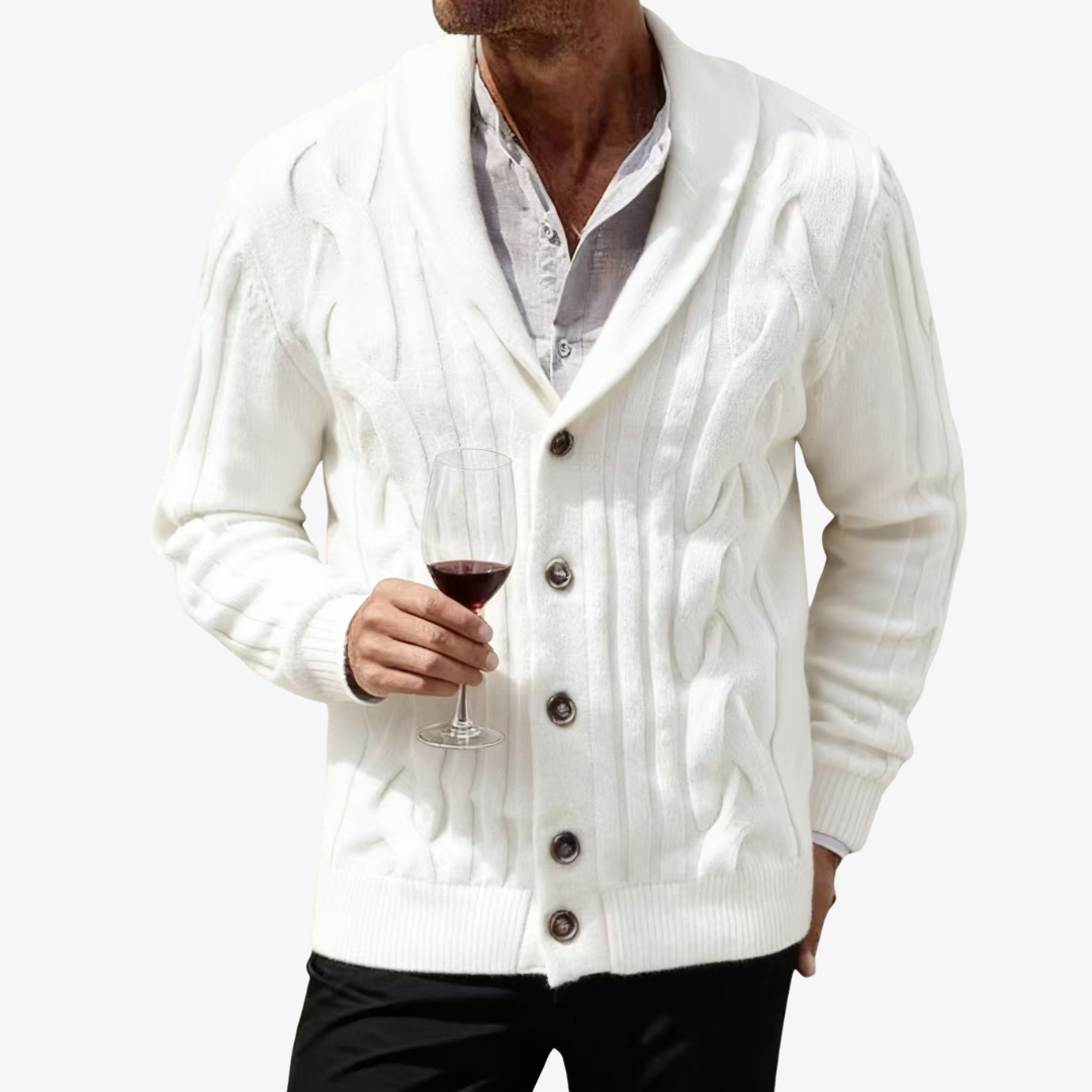 Men's Cable Knit Shawl Collar Cardigan with Button Fastening