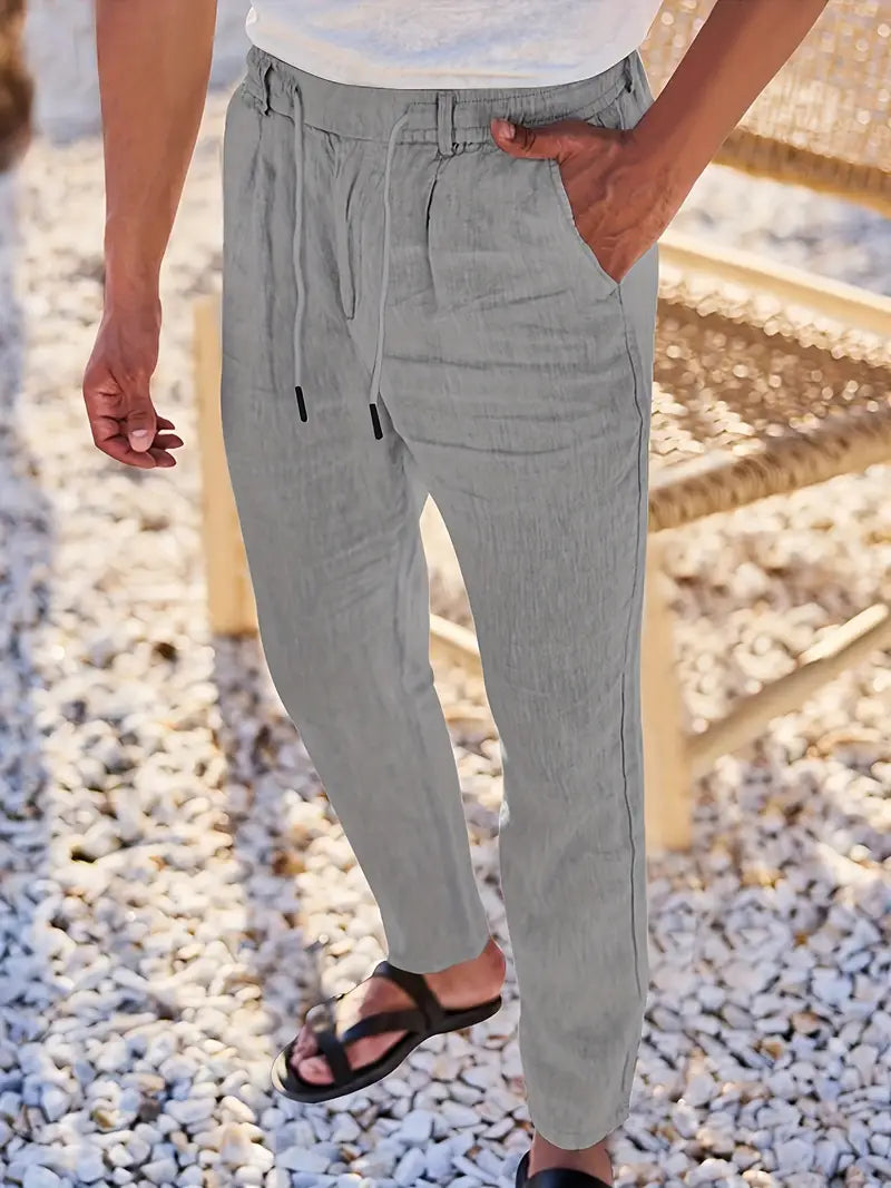Trousers Linen Straight Fit Elasticated Drawstring Waist