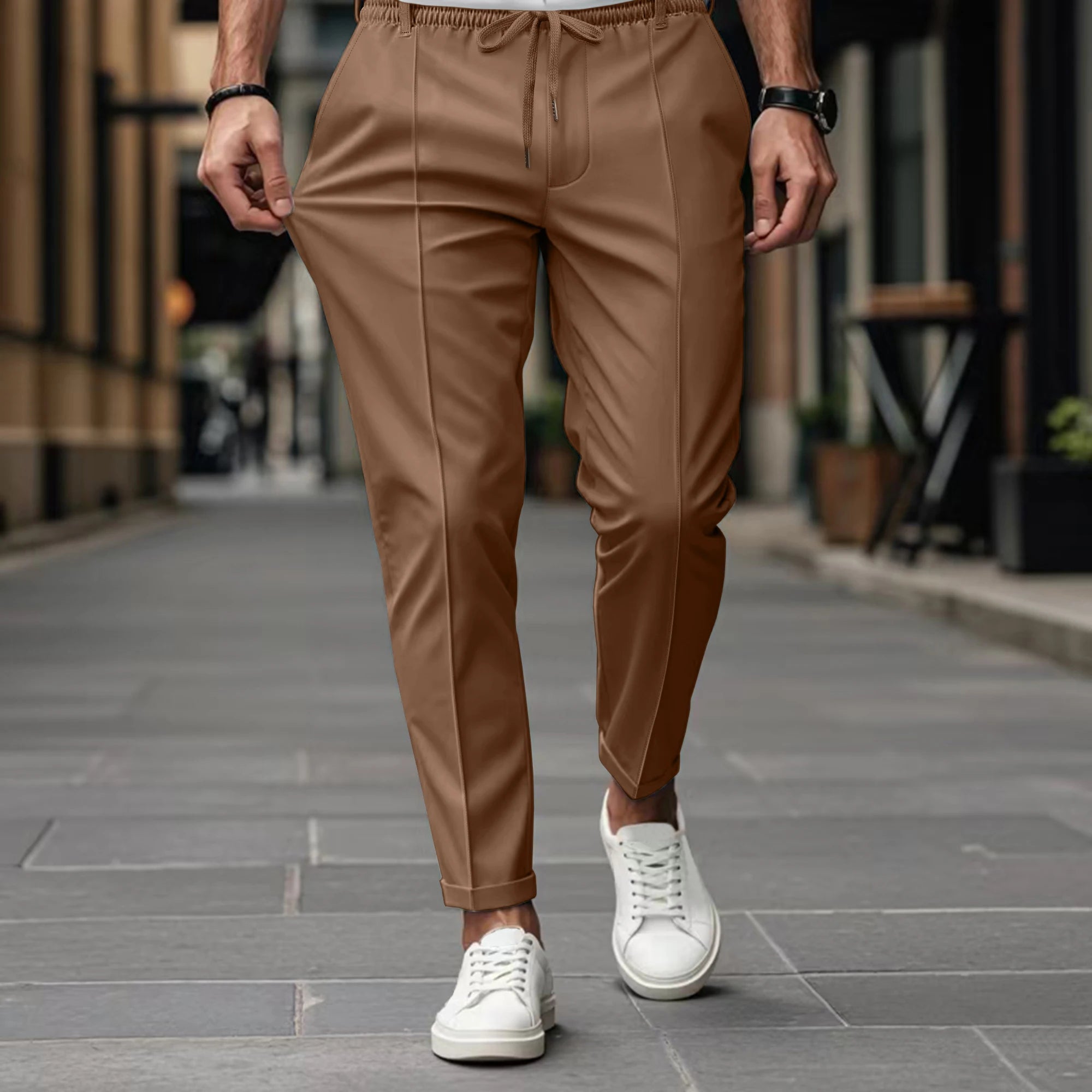 Chino Trousers Cotton Slim Fit Drawstring Waist Tapered Leg