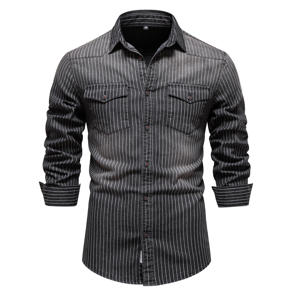 Men's Denim-Look Striped Shirt with Flap Chest Pockets