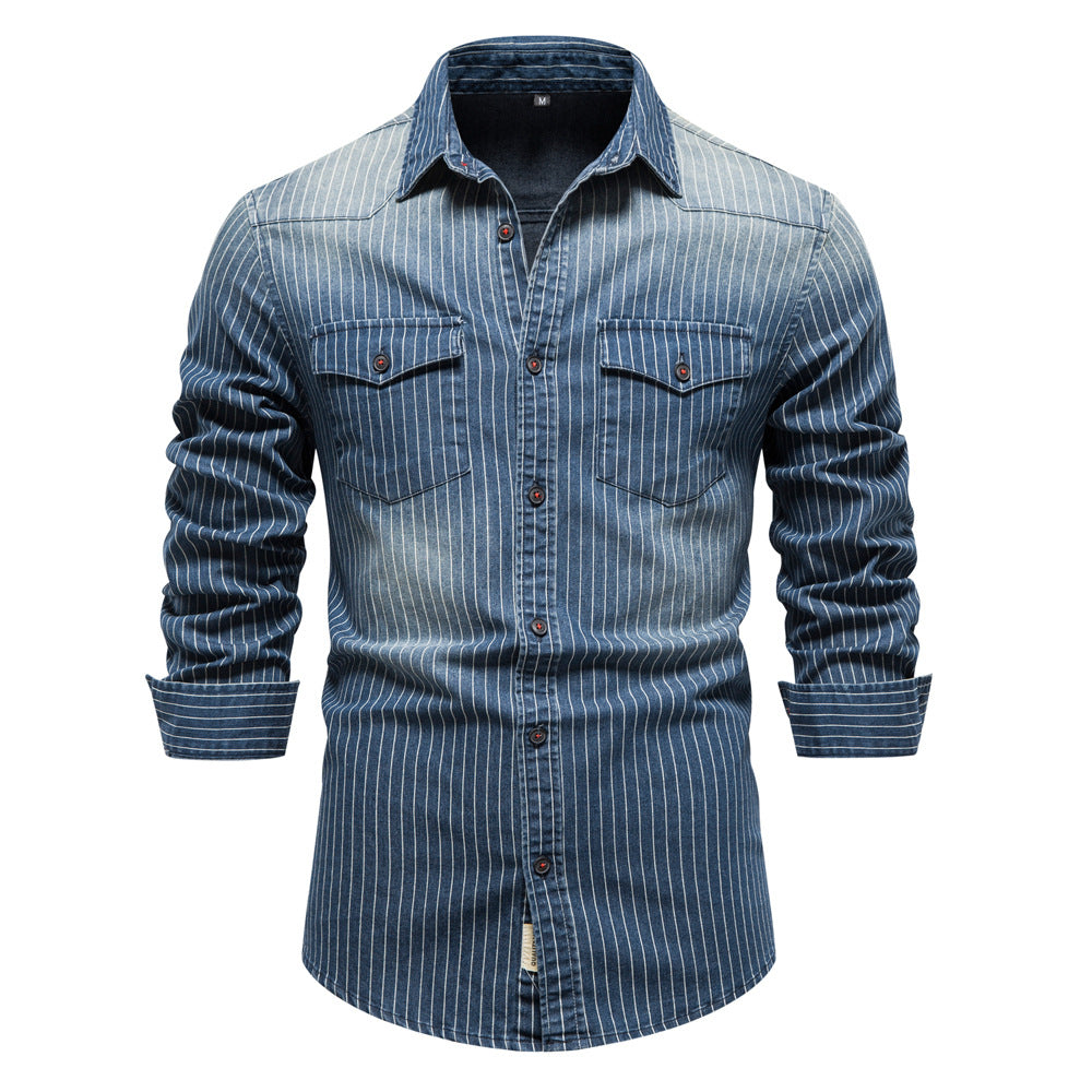 Men's Denim-Look Striped Shirt with Flap Chest Pockets