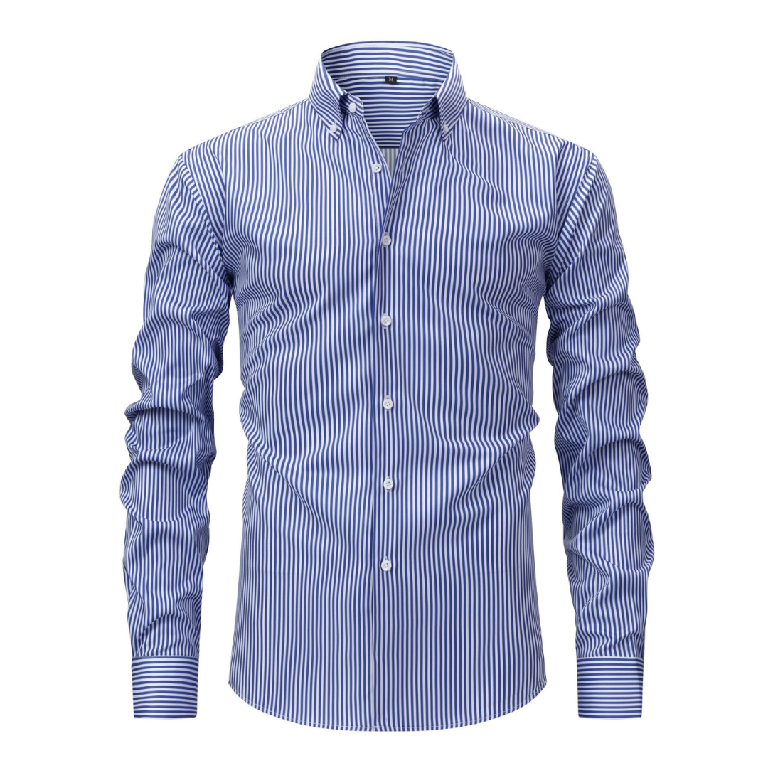 Men's Striped Long Sleeve Shirt with Pointed Collar and Button Cuffs