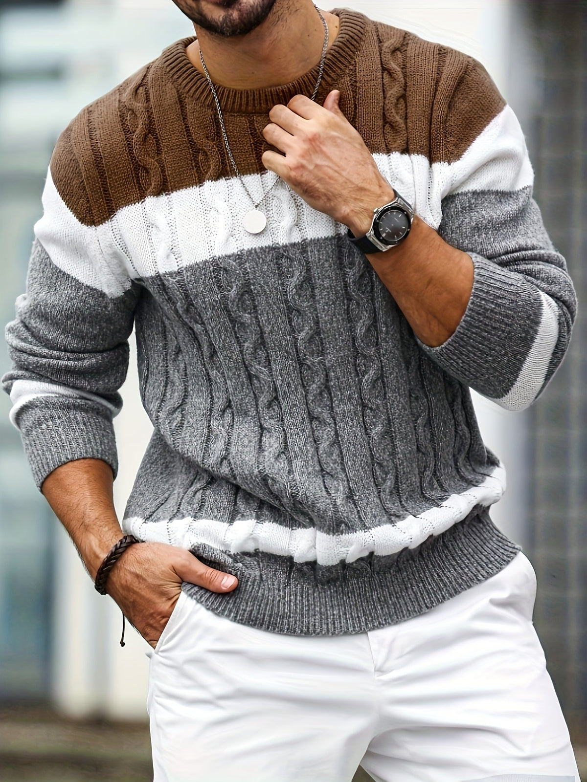 Men's Cable Knit Jumper Colour Block Crew Neck Ribbed Trim