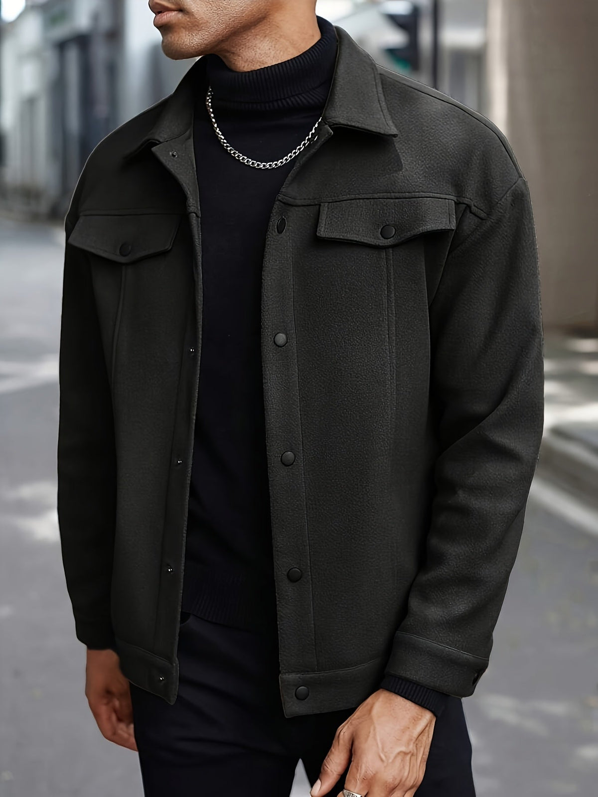 Men's Trucker Jacket Snap Button Textured Chest Pockets Slim Fit