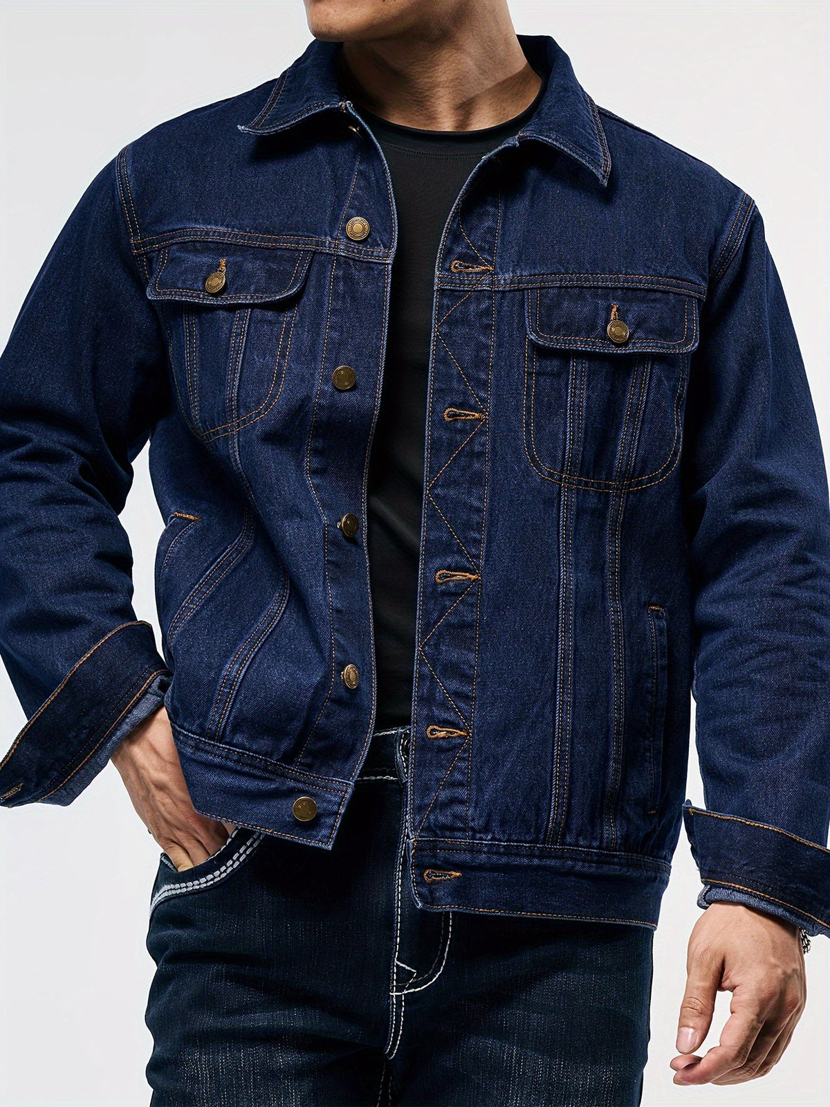 Men's Denim Trucker Jacket Point Collar Button Front Chest Pockets