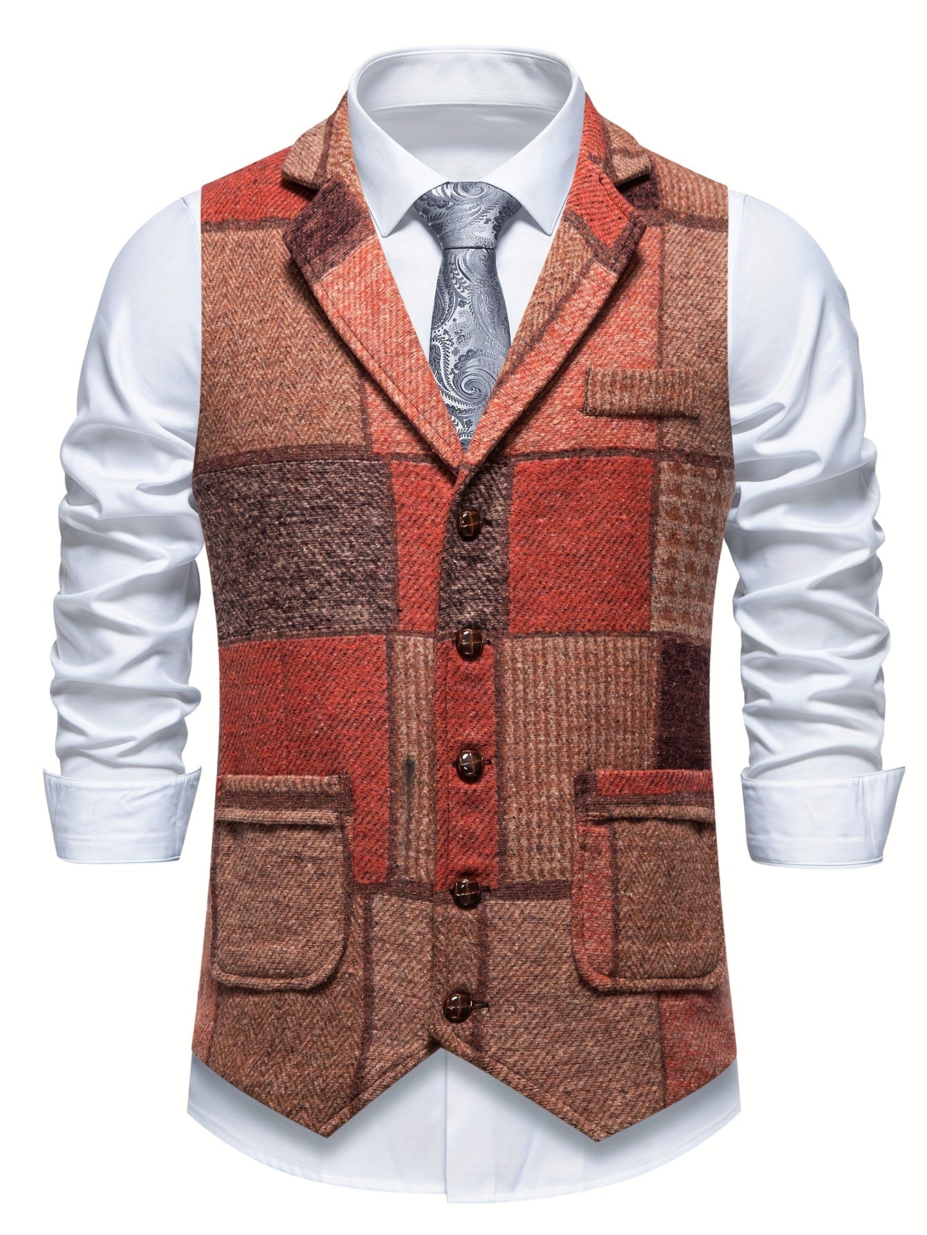 Patchwork Suit Vest Men Vintage Tweed Waistcoat