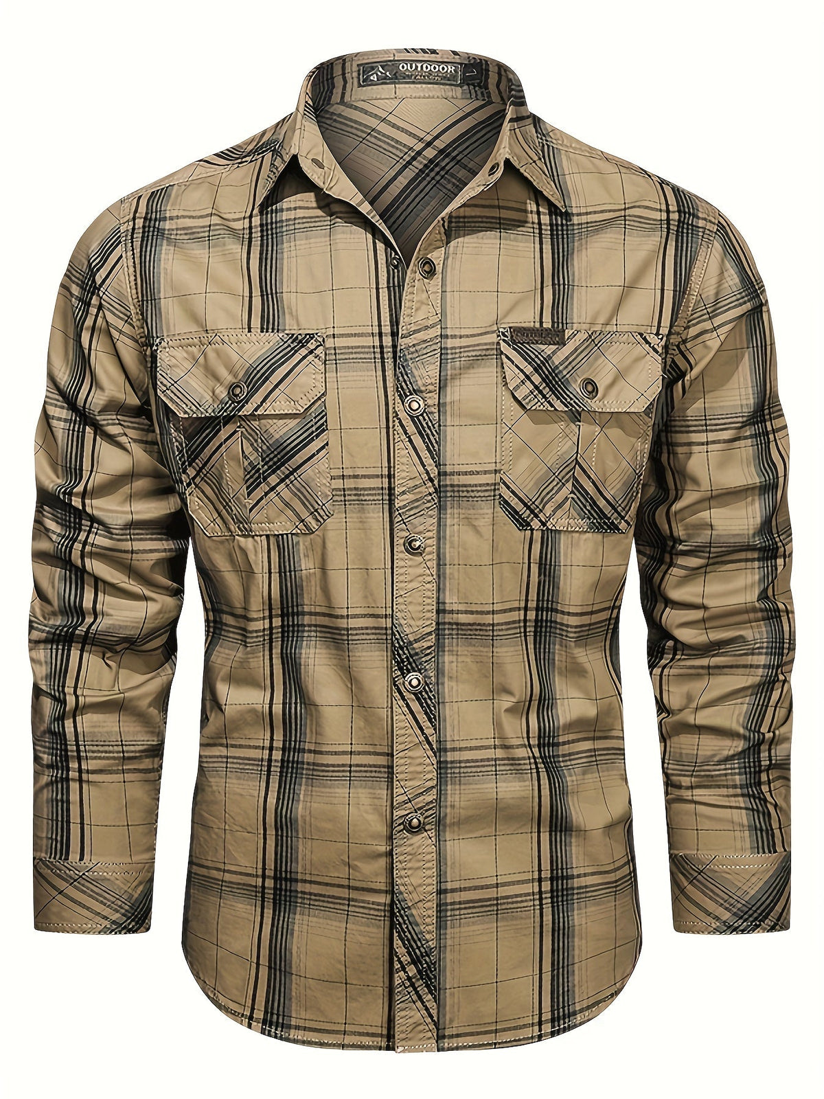 Men's Check Flannel Polo Chest Pockets Long Sleeve Button Front