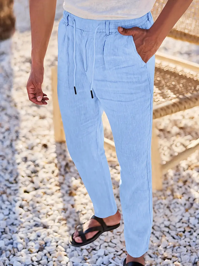 Trousers Linen Straight Fit Elasticated Drawstring Waist