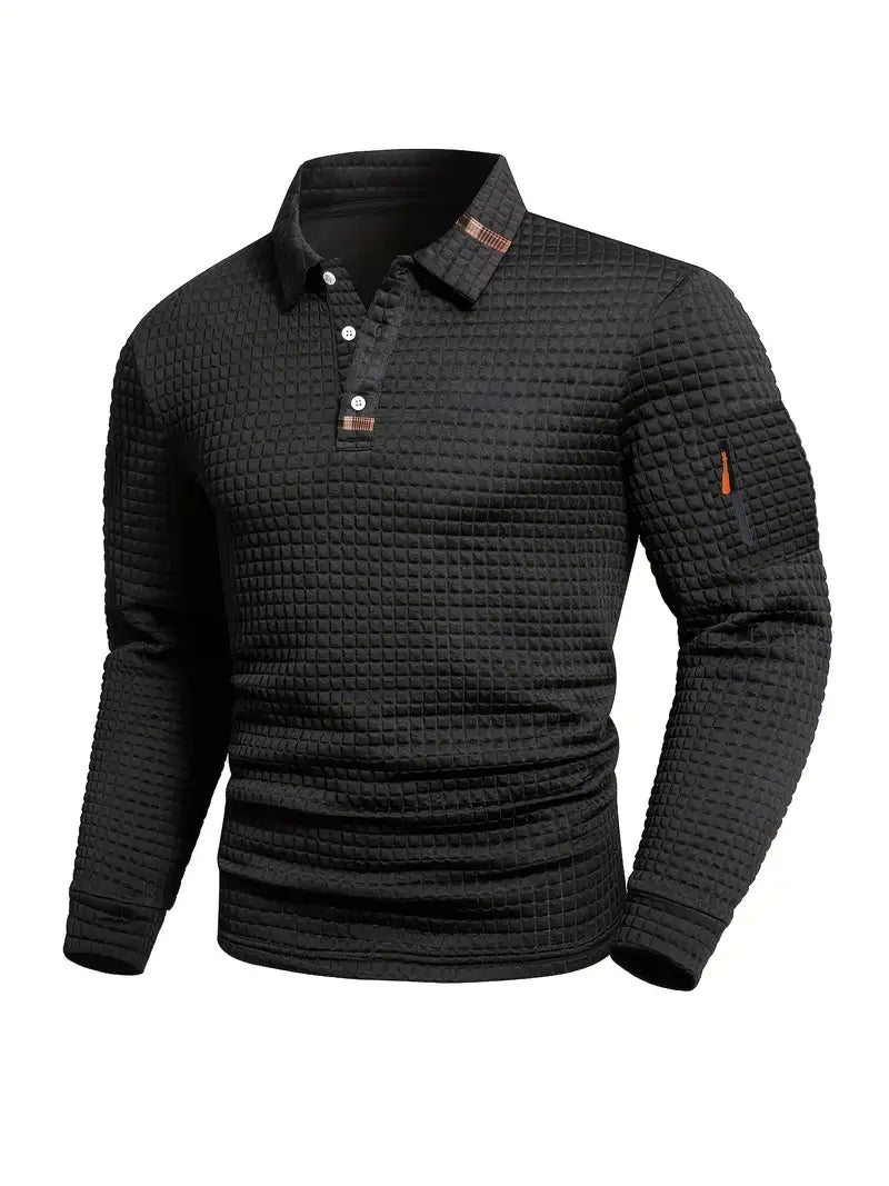 Men's Long Sleeve Polo Shirt Textured Slim Fit Tipped Collar with Sleeve Pocket