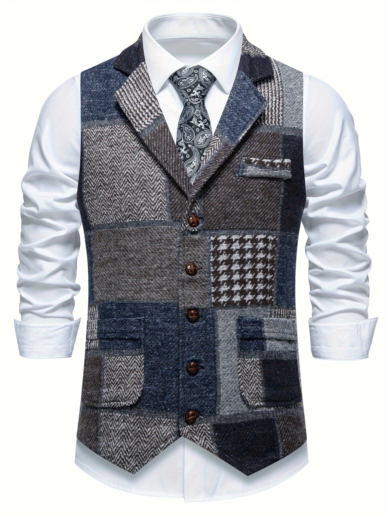 Patchwork Suit Vest Men Vintage Tweed Waistcoat