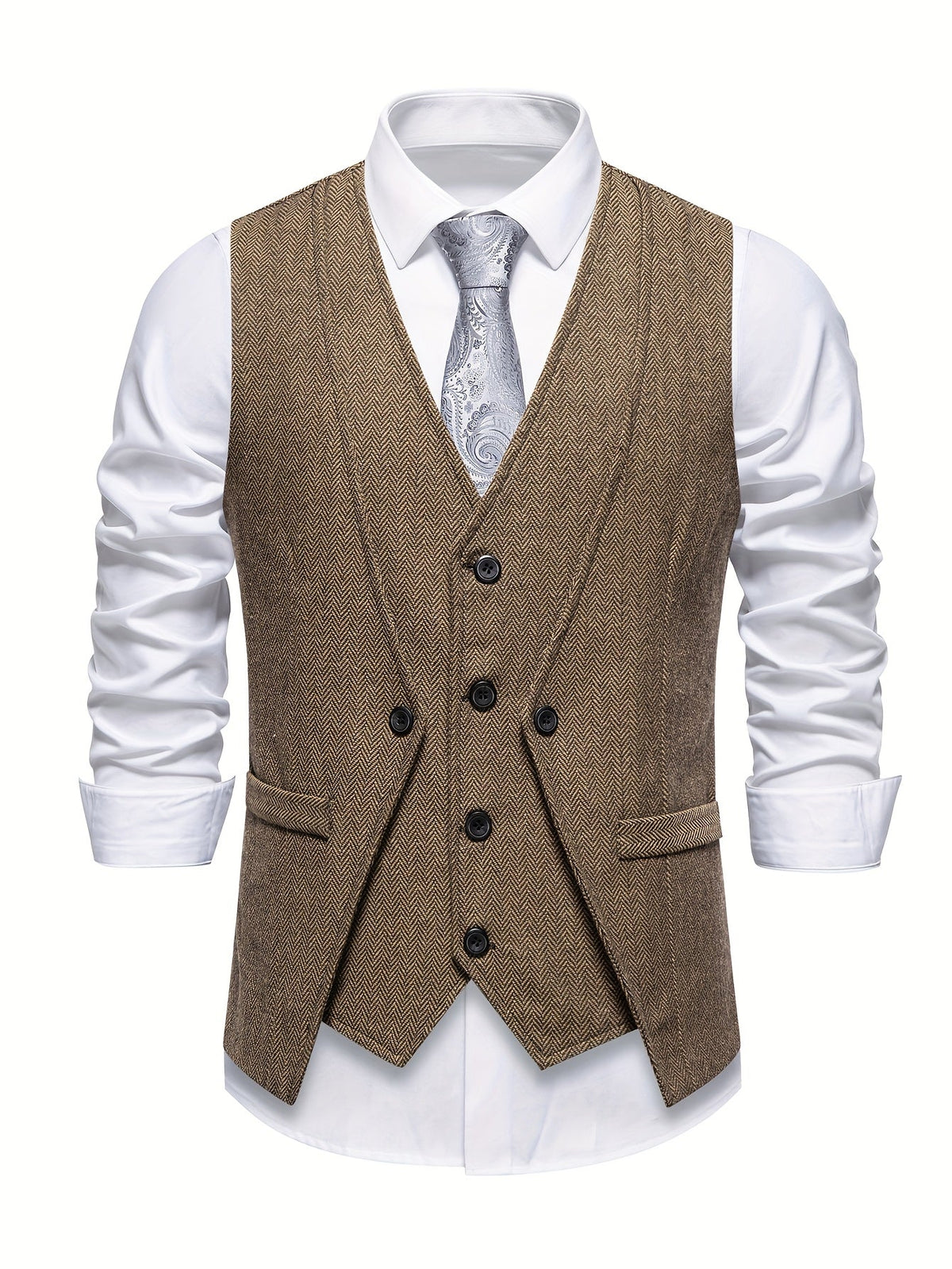 Men's Tweed-Look Waistcoat V Neck Textured Button Front Vintage Style