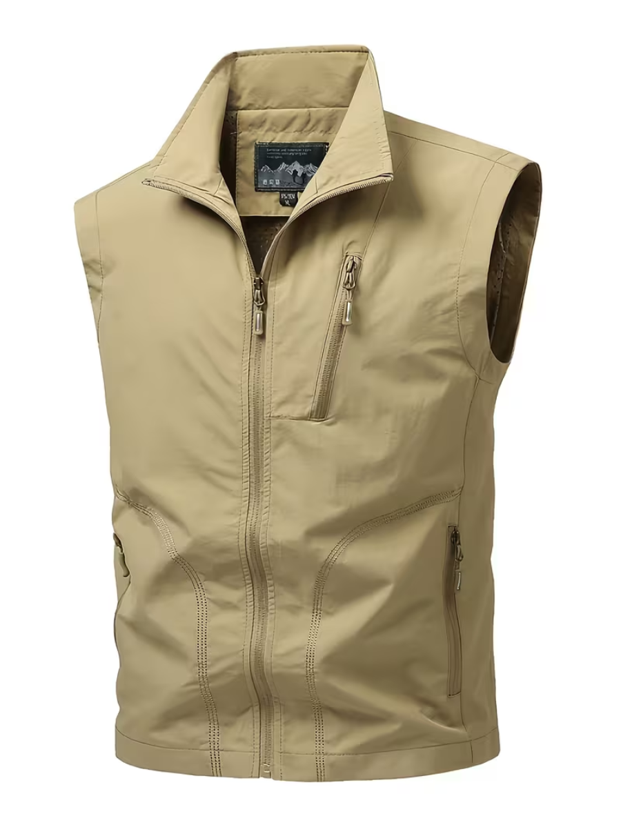 Men's Zip Gilet with Stand Collar and Multiple Pockets