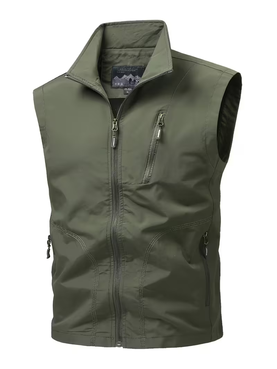 Men's Zip Gilet with Stand Collar and Multiple Pockets