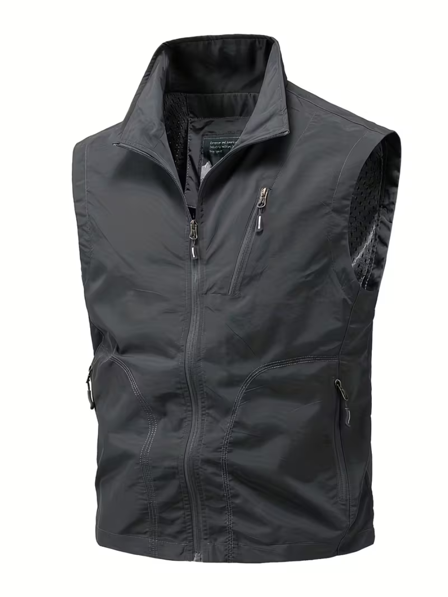 Men's Zip Gilet with Stand Collar and Multiple Pockets