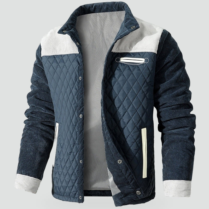 Men's Diamond Quilted Jacket Stand Collar with Corduroy-Look Trim