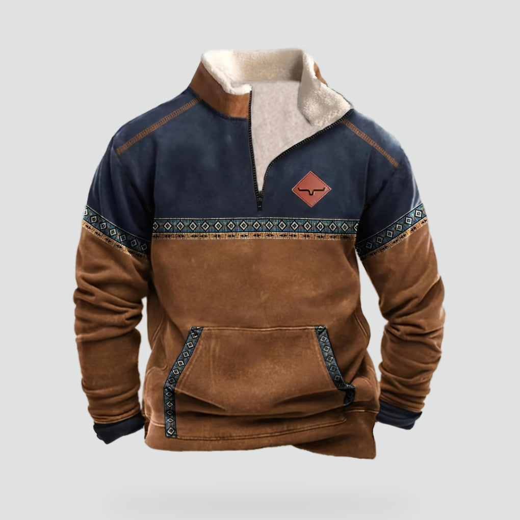 Men's Quarter Zip Fleece Funnel Neck Colour Block Jumper with Pockets