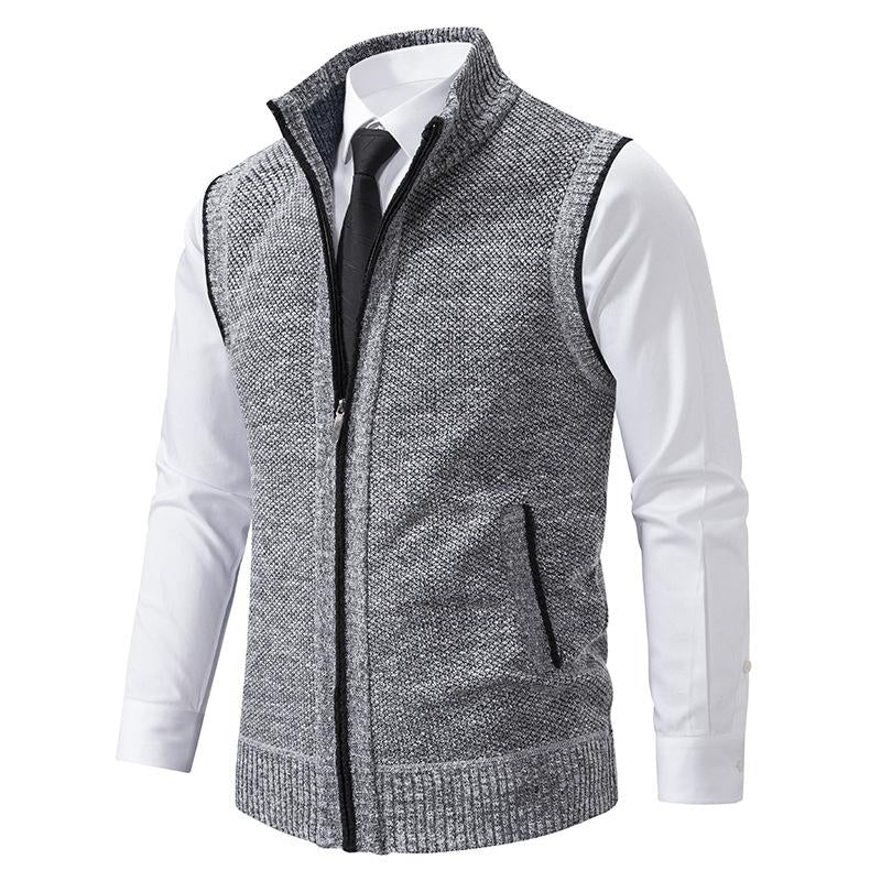 Men's Knitted Gilet with Stand Collar and Zip Front