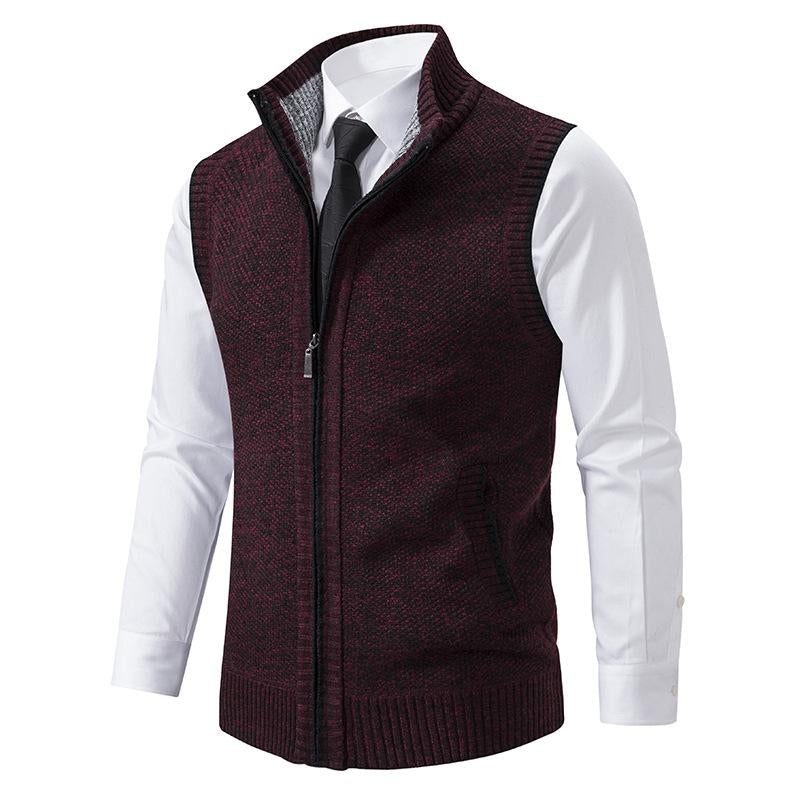 Men's Knitted Gilet with Stand Collar and Zip Front