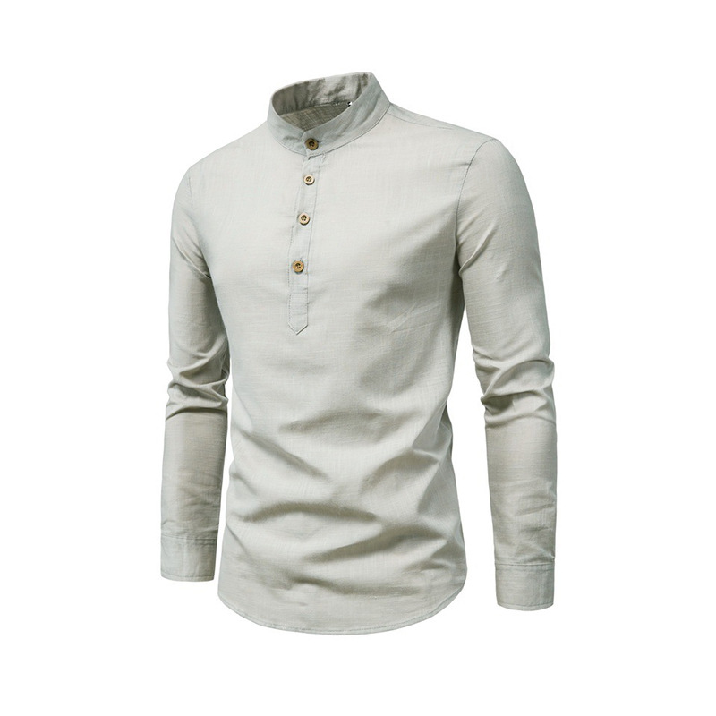 Men's Long Sleeve Grandad Collar Shirt with Button Placket