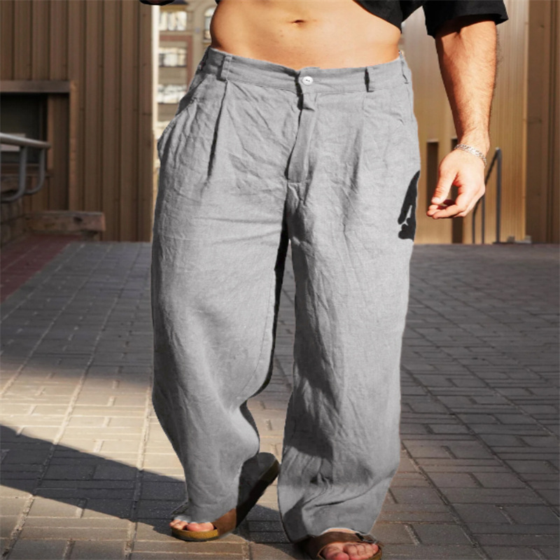 Men's Wide Leg Linen Trousers Pleated Front Button Closure