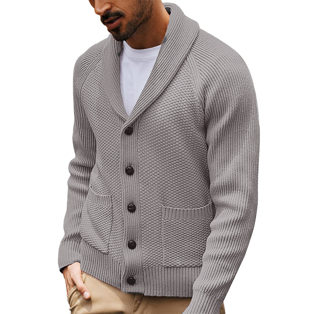 Men's Shawl Collar Open Front Cardigan Knit Sweater with Flap Pockets