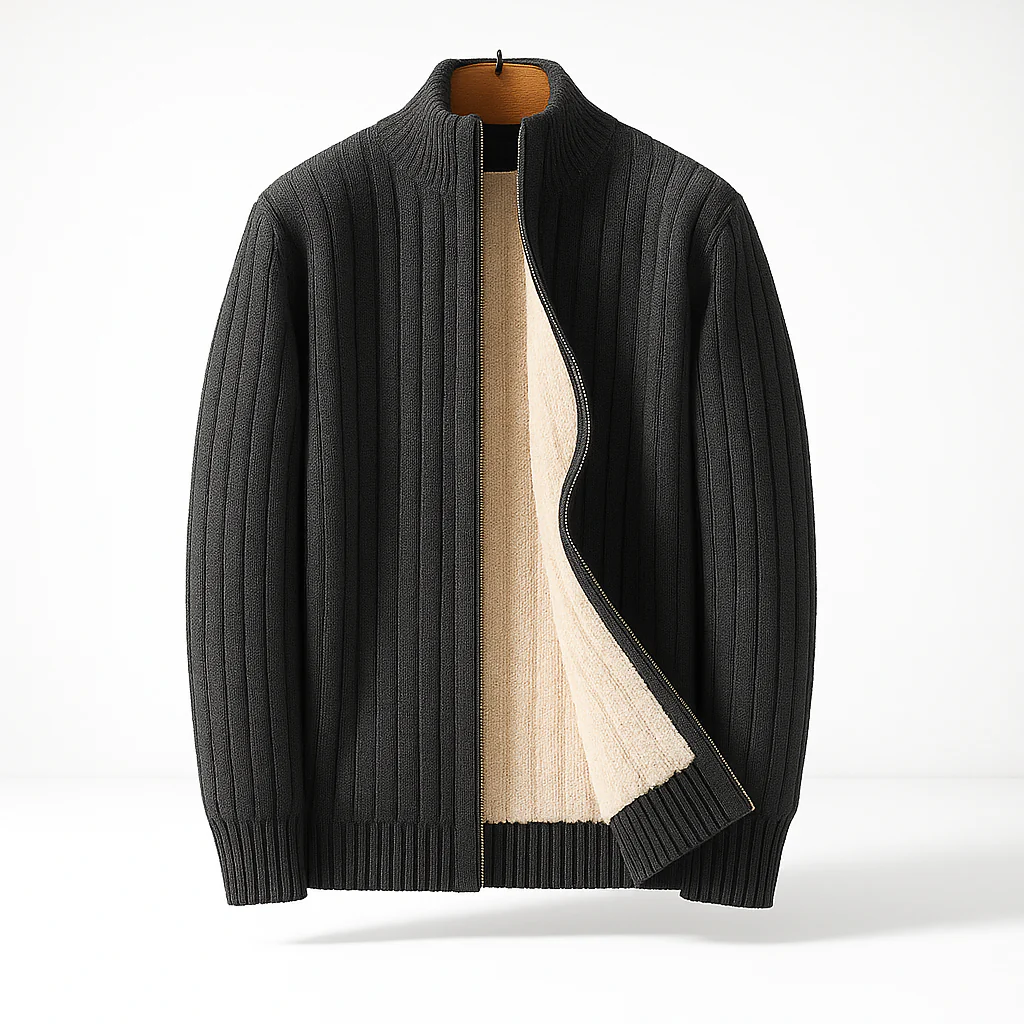 Men’s Full Zip Ribbed Cardigan with Stand Collar and Soft-Lined Interior