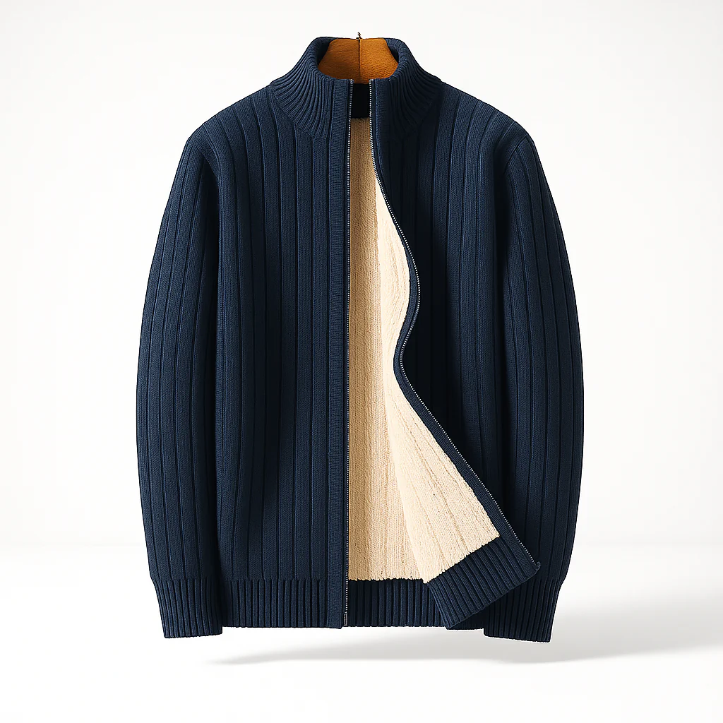 Men’s Full Zip Ribbed Cardigan with Stand Collar and Soft-Lined Interior