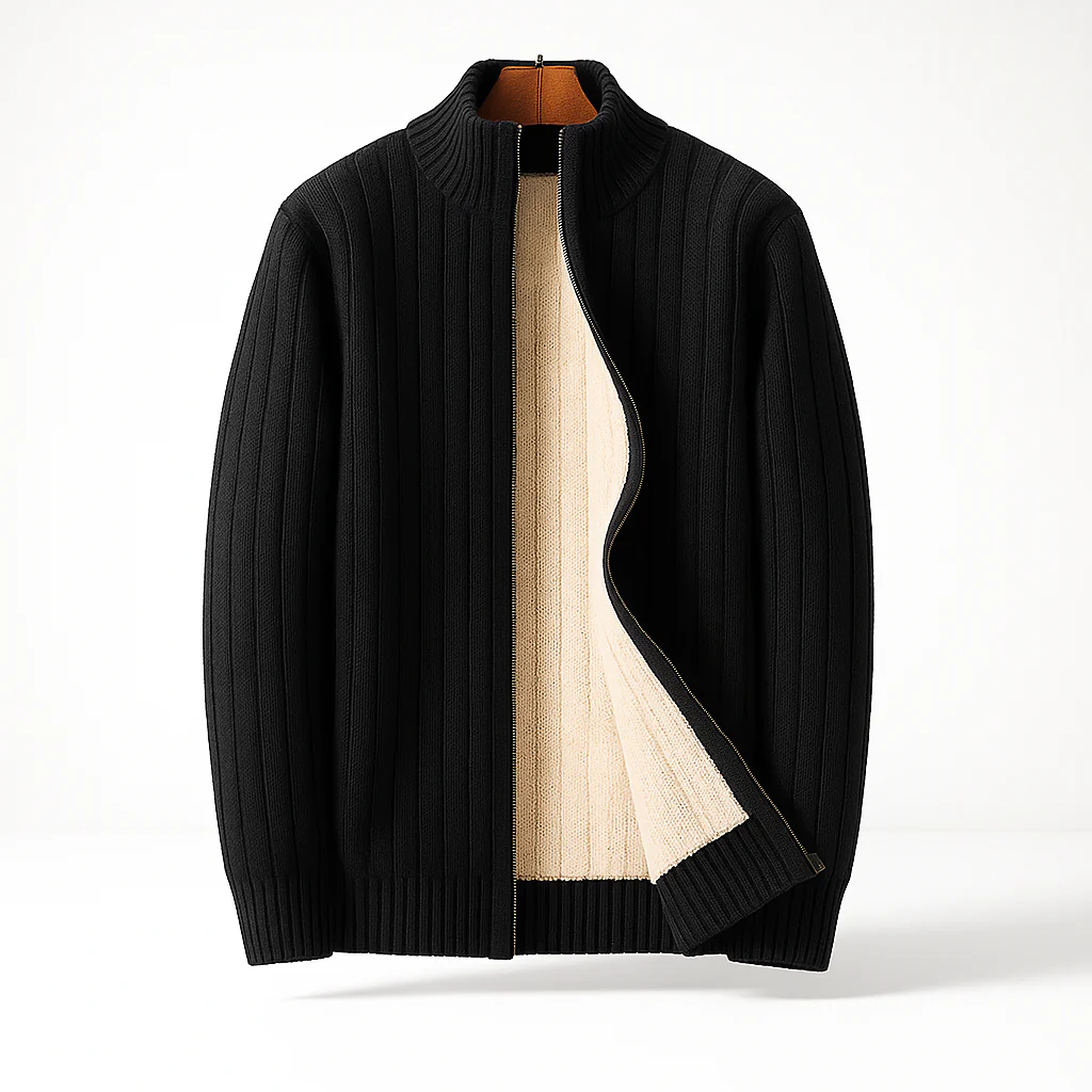 Men’s Full Zip Ribbed Cardigan with Stand Collar and Soft-Lined Interior