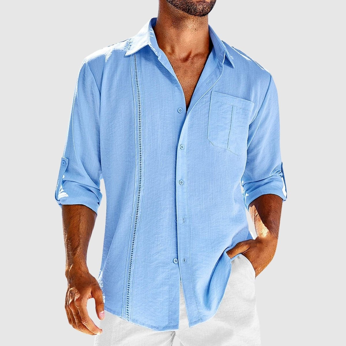 Chemise à bouton en lin, manches retroussées, poche poitrine, col classique, décontracté