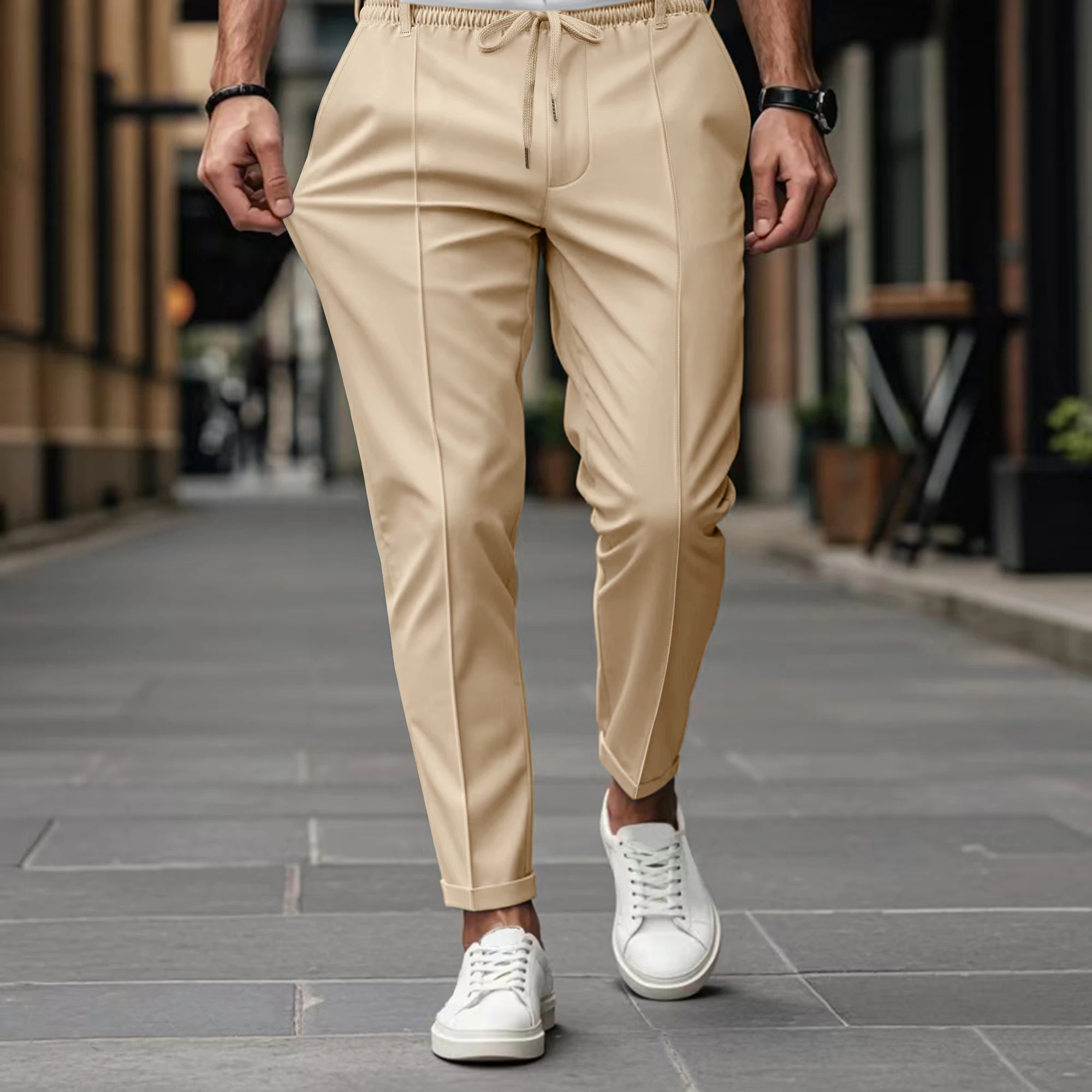 Chino Trousers Cotton Slim Fit Drawstring Waist Tapered Leg