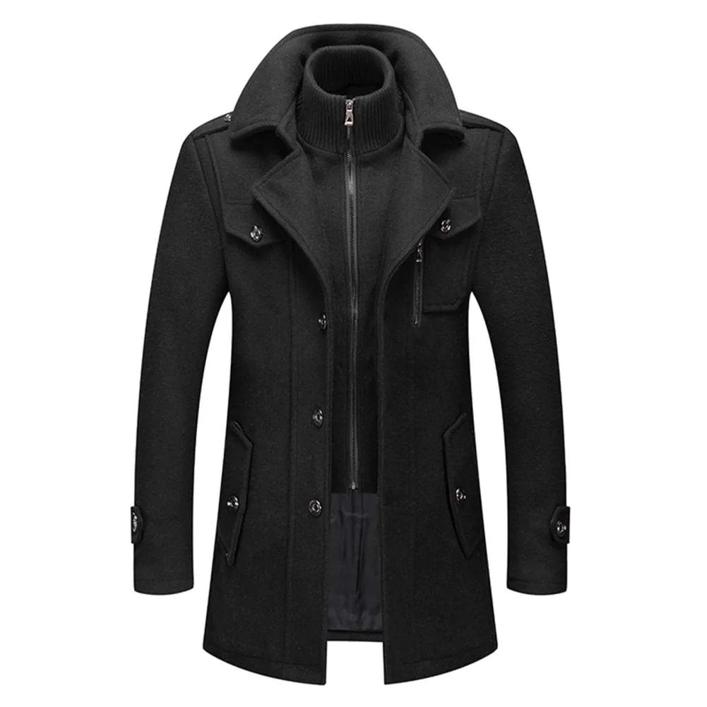 Men's Stand Collar Overcoat with Zip and Button Front and Wide Lapel