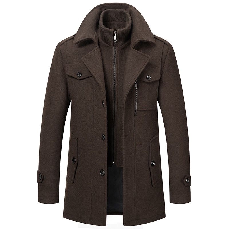 Men's Stand Collar Overcoat with Zip and Button Front and Wide Lapel