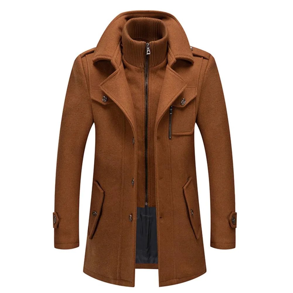 Men's Stand Collar Overcoat with Zip and Button Front and Wide Lapel