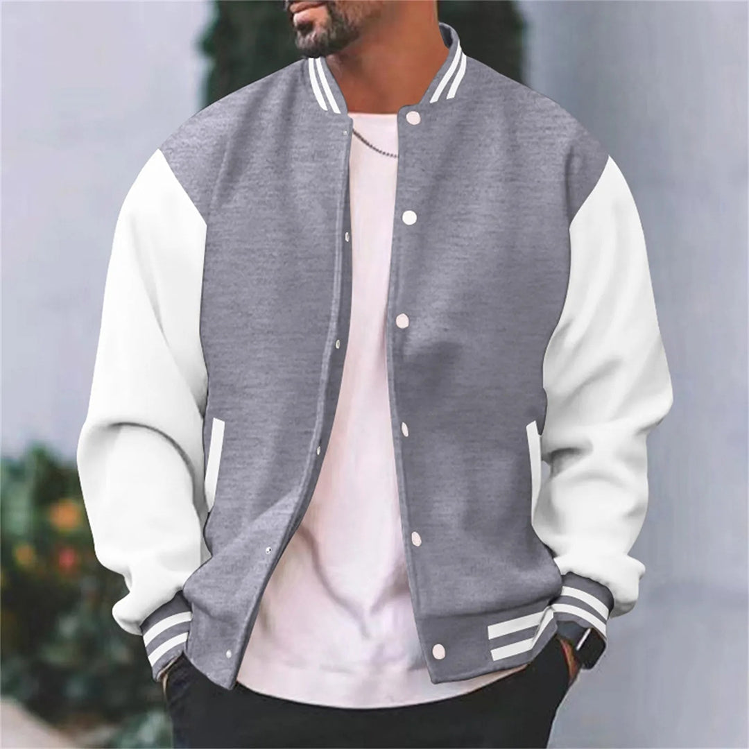 Men's Varsity Jacket Contrast Sleeve Ribbed Collar Snap Button Baseball Jacket