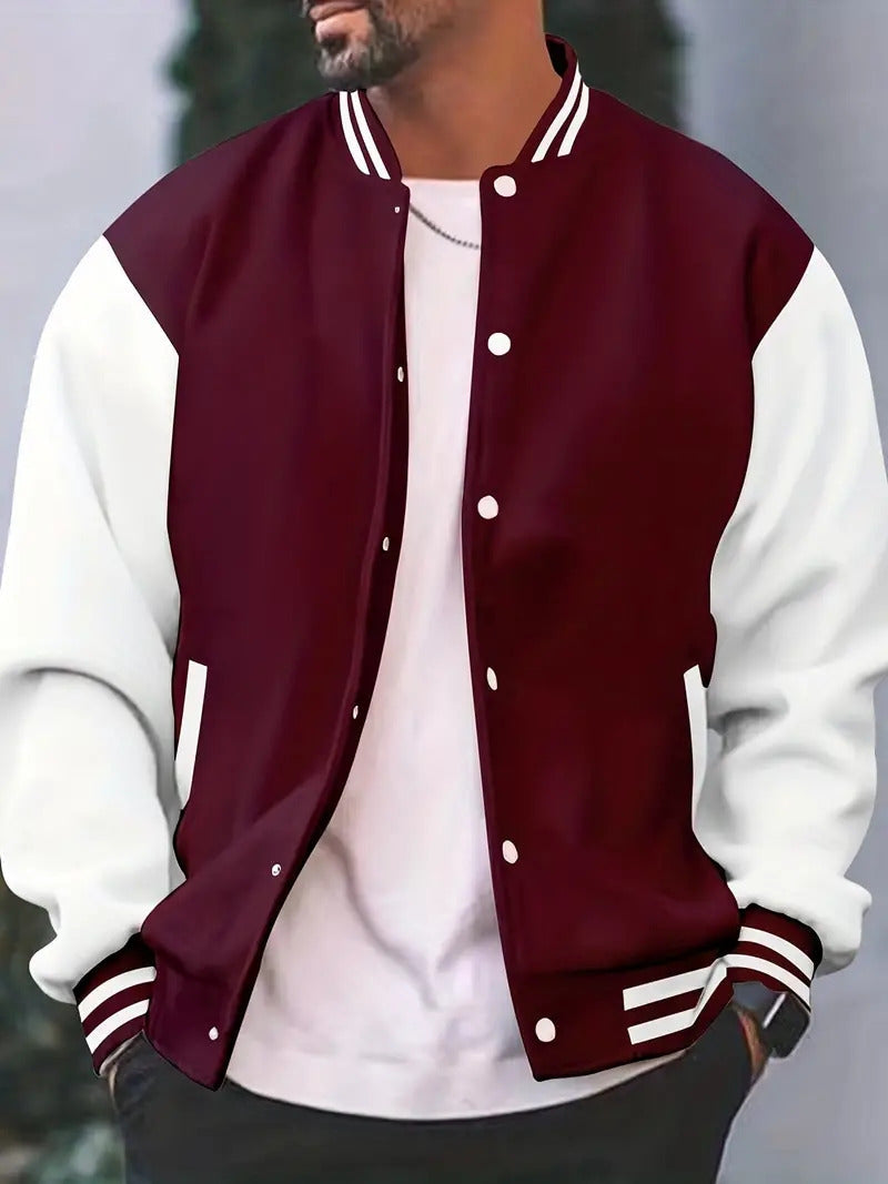 Men's Varsity Jacket Contrast Sleeve Ribbed Collar Snap Button Baseball Jacket