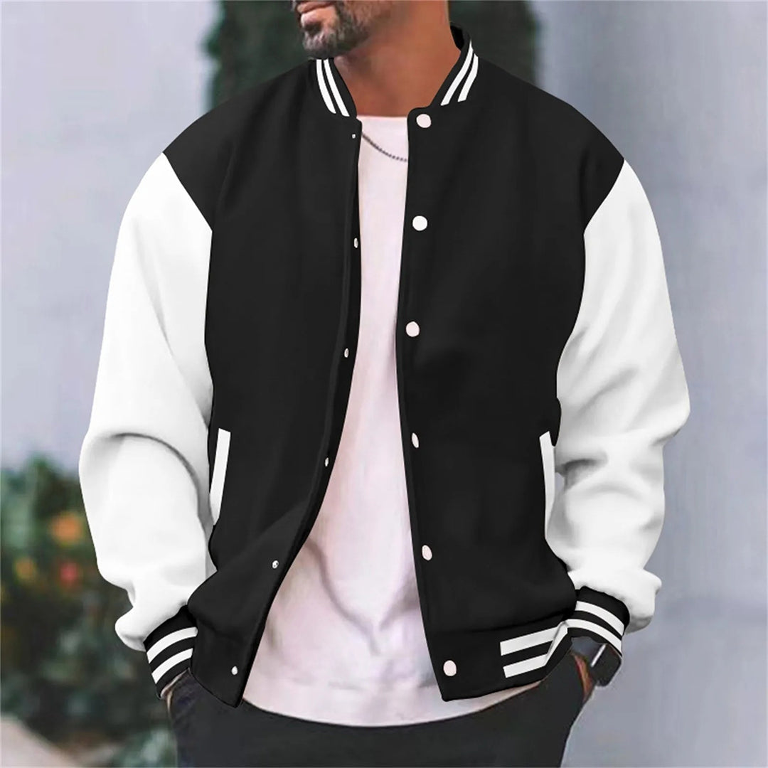 Men's Varsity Jacket Contrast Sleeve Ribbed Collar Snap Button Baseball Jacket