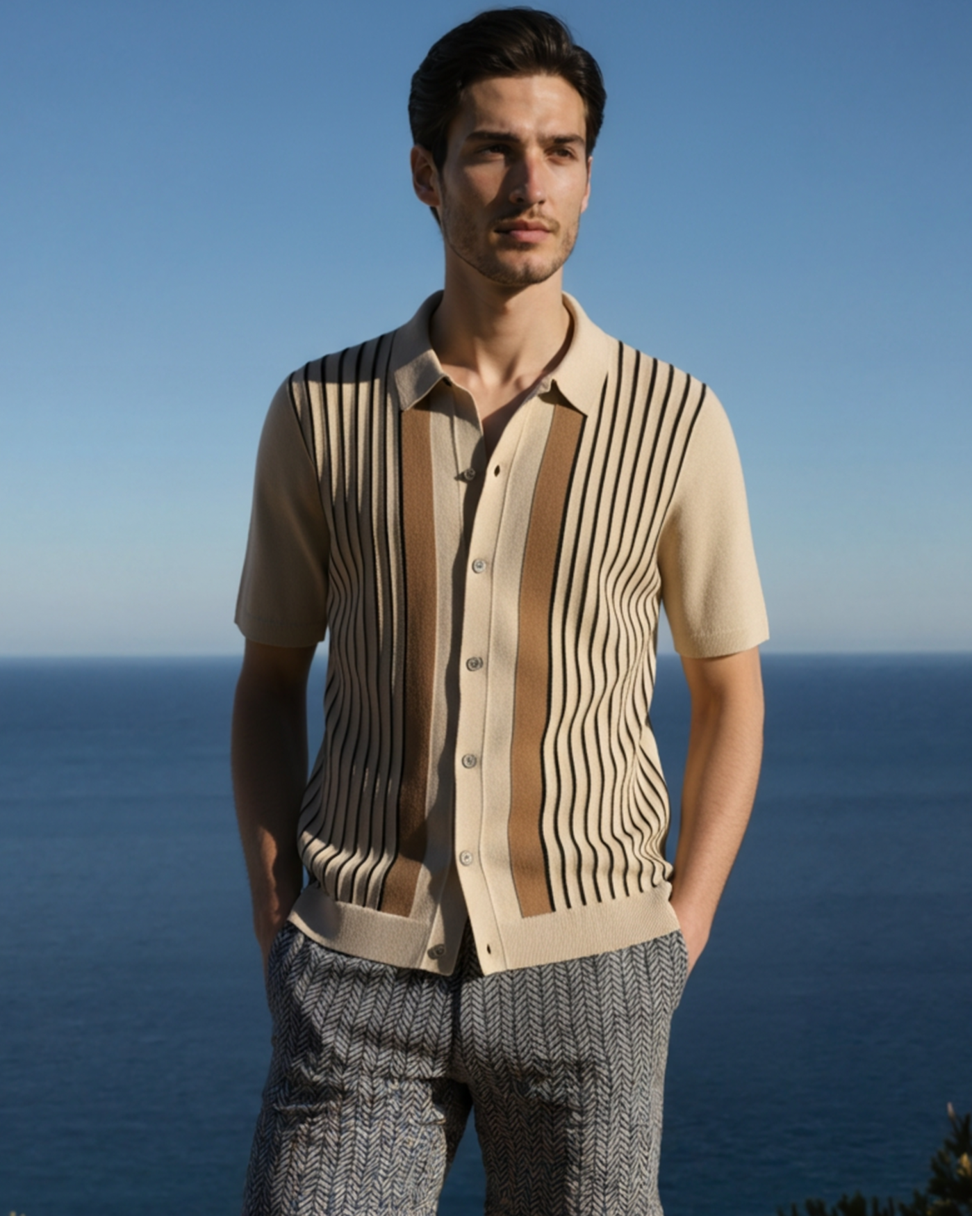 Polo Shirt Knit Striped Short Sleeve Structured Collar