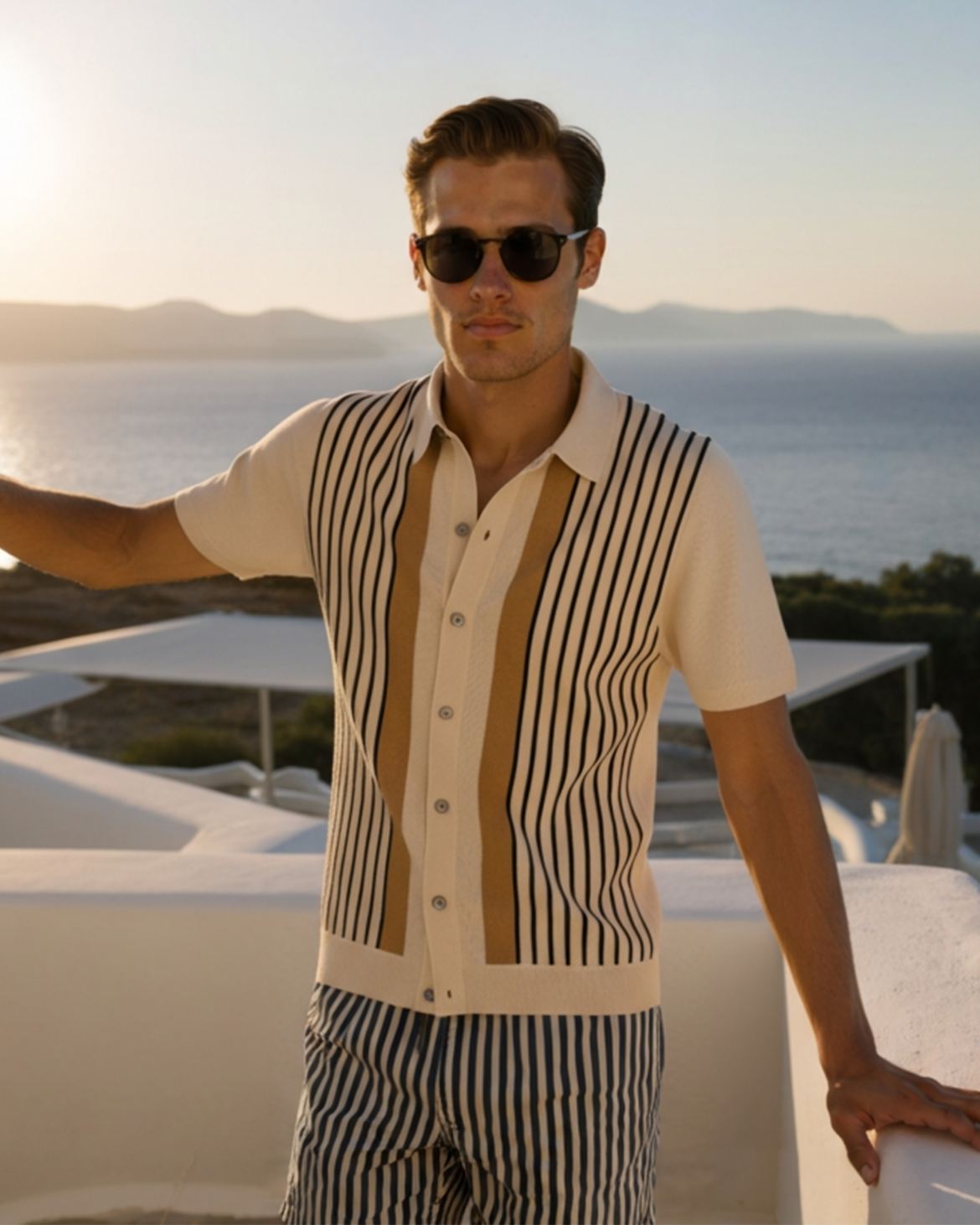 Polo Shirt Knit Striped Short Sleeve Structured Collar