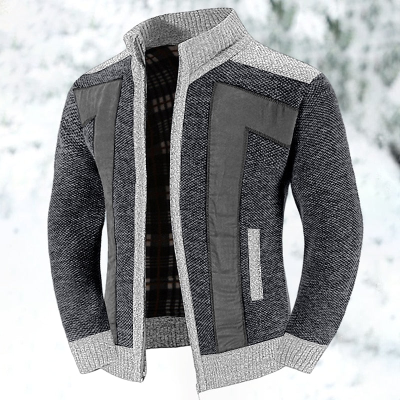 Men’s Textured Zip Cardigan with Stand Collar and Panel Detailing
