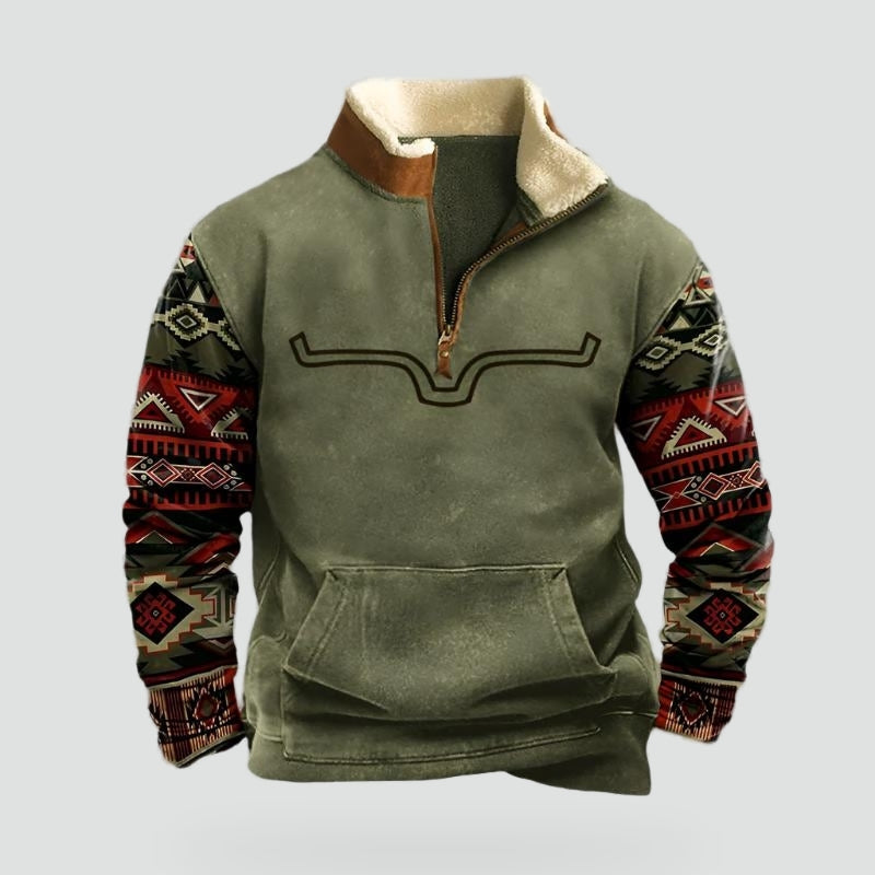 Men’s Regular-Fit Quarter-Zip Fleece Pullover with Geometric Patterned Sleeves