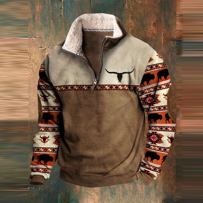 Men’s Regular-Fit Quarter-Zip Fleece Pullover with Geometric Patterned Sleeves