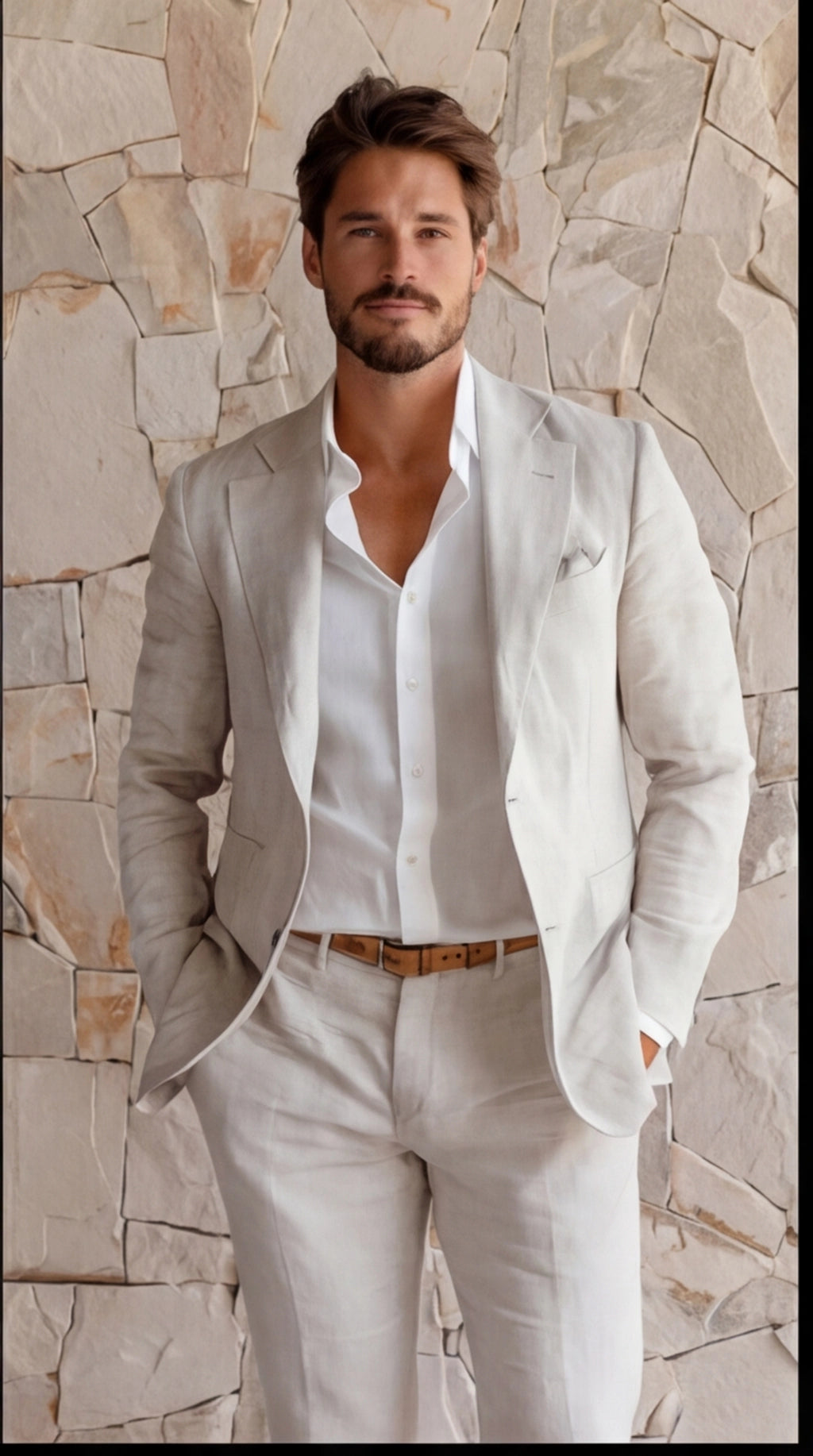 Suit Linen Blend Notch Lapel Slim Fit Two Piece