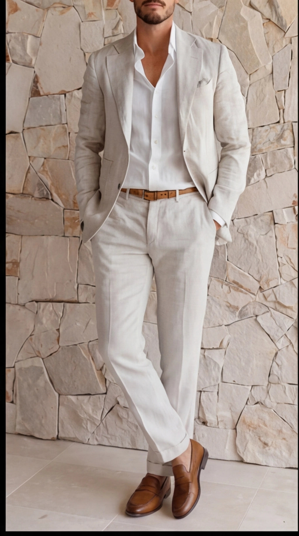Suit Linen Blend Notch Lapel Slim Fit Two Piece