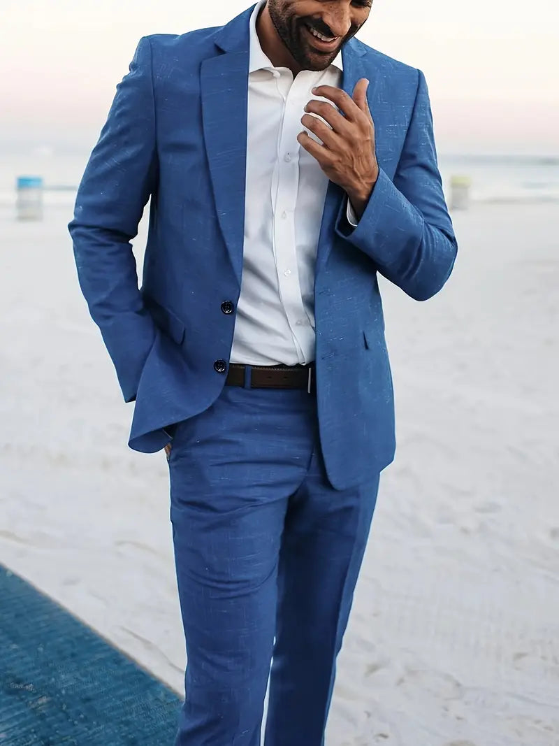 Suit Linen Blend Notch Lapel Slim Fit Two Piece