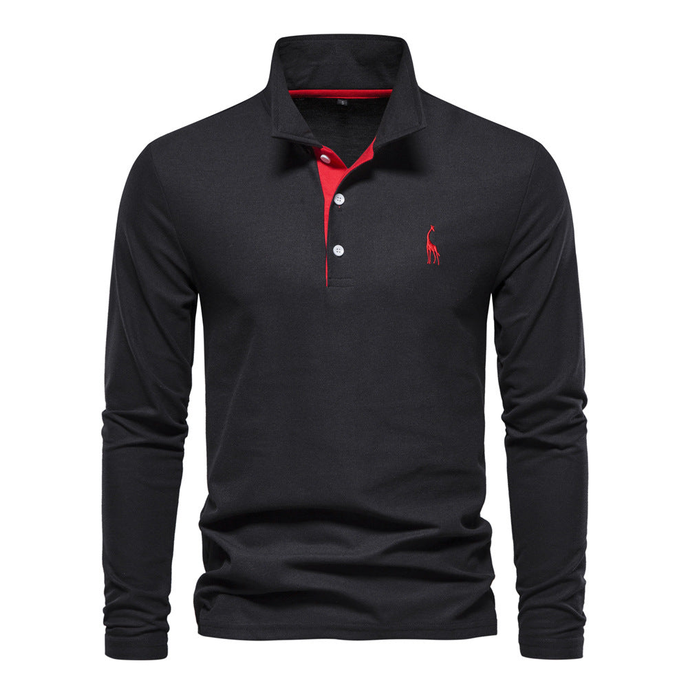 Men's Long Sleeve Polo Shirt with Contrast Placket and Embroidered Detail