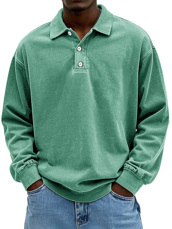 Men's Polo Sweatshirt Washed Cotton Oversized Long Sleeve Casual