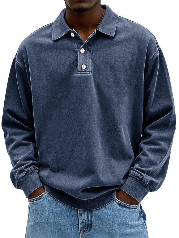 Men's Polo Sweatshirt Washed Cotton Oversized Long Sleeve Casual