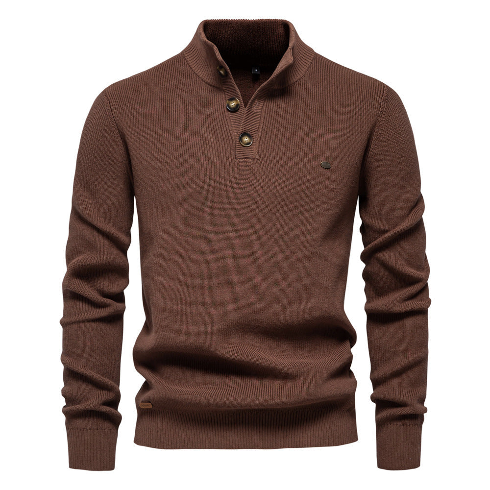 Men's Button Neck Jumper Stand Collar with Textured Knit