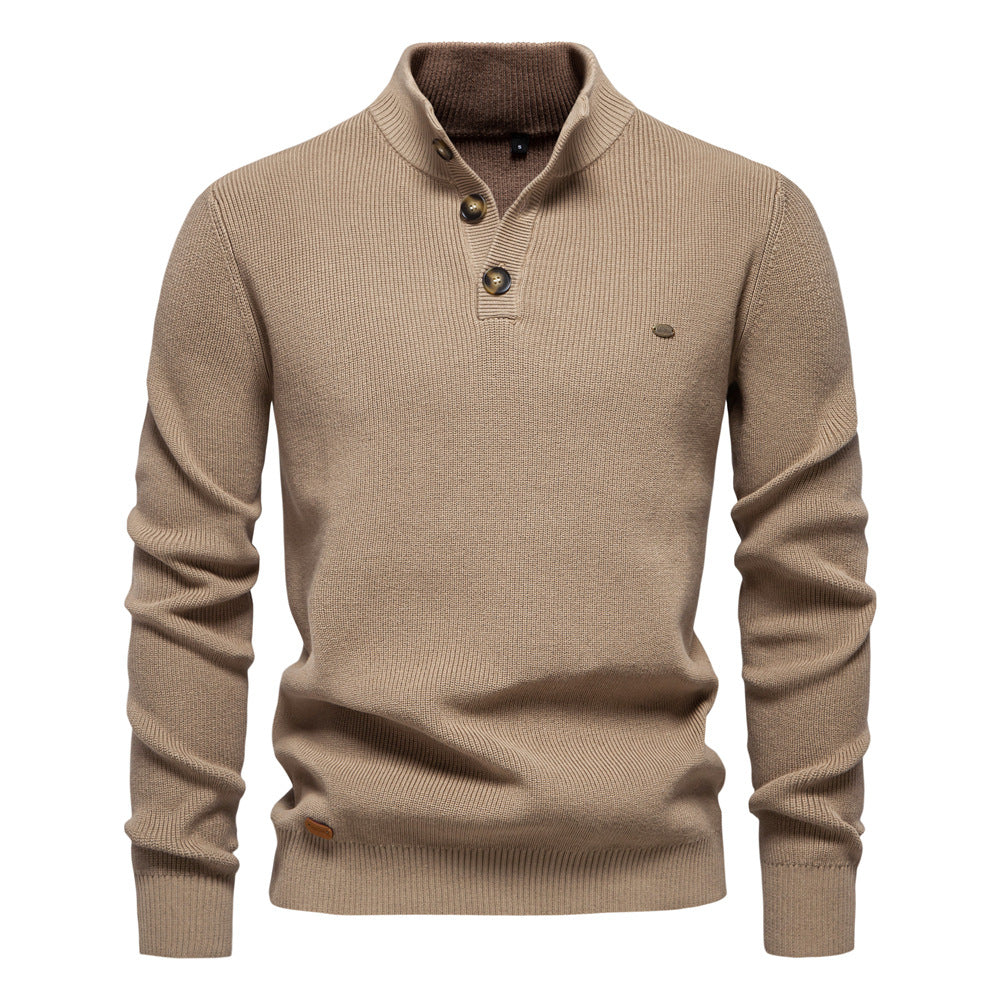 Men's Button Neck Jumper Stand Collar with Textured Knit